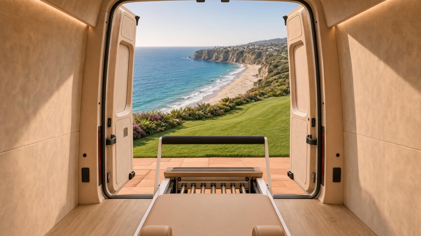 Inside the Repose studio, looking past the reformer through open doors to a lawn, the beach, and the ocean