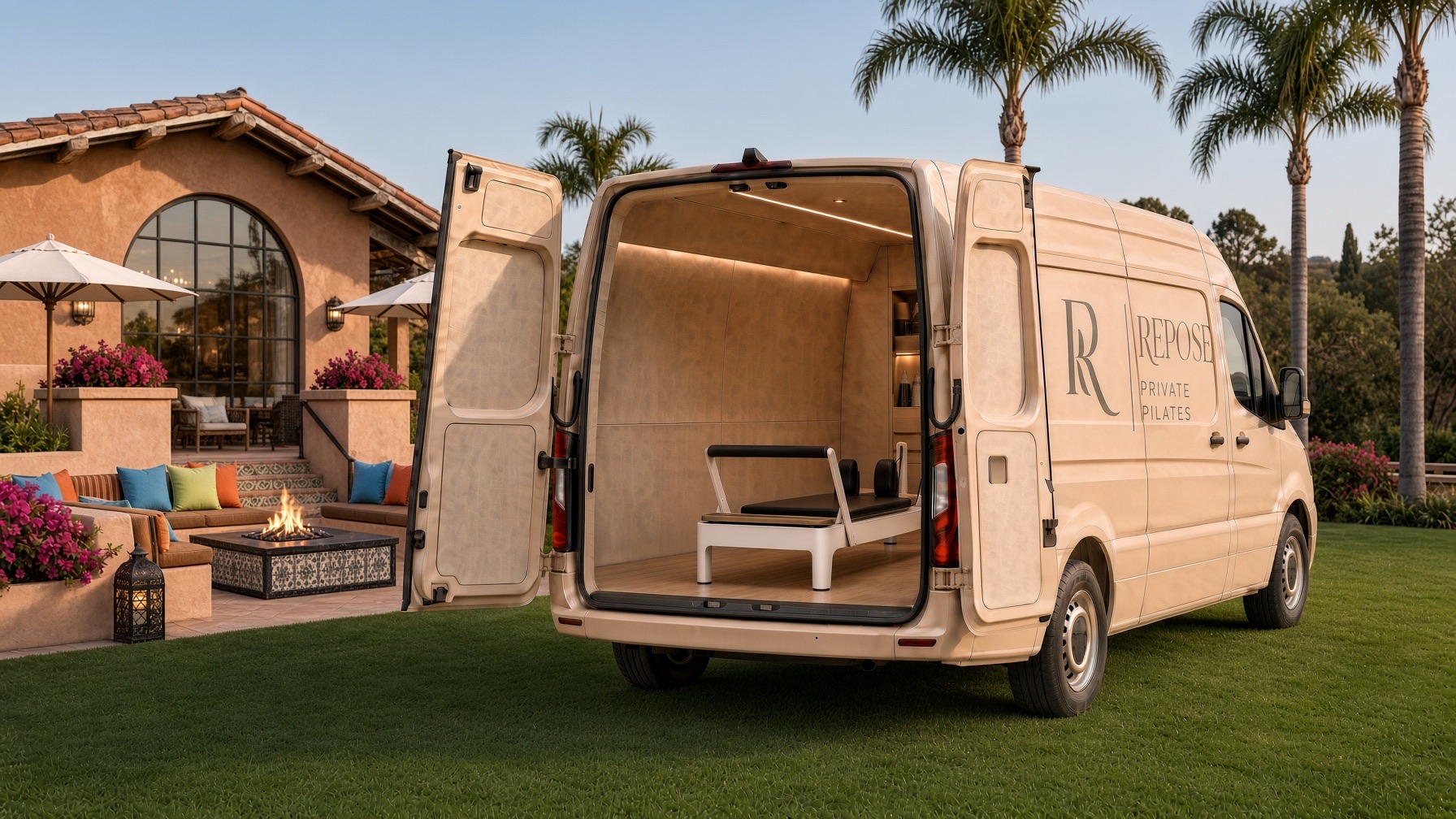 The Repose studio with its rear doors open beside a hotel patio, a reformer ready inside