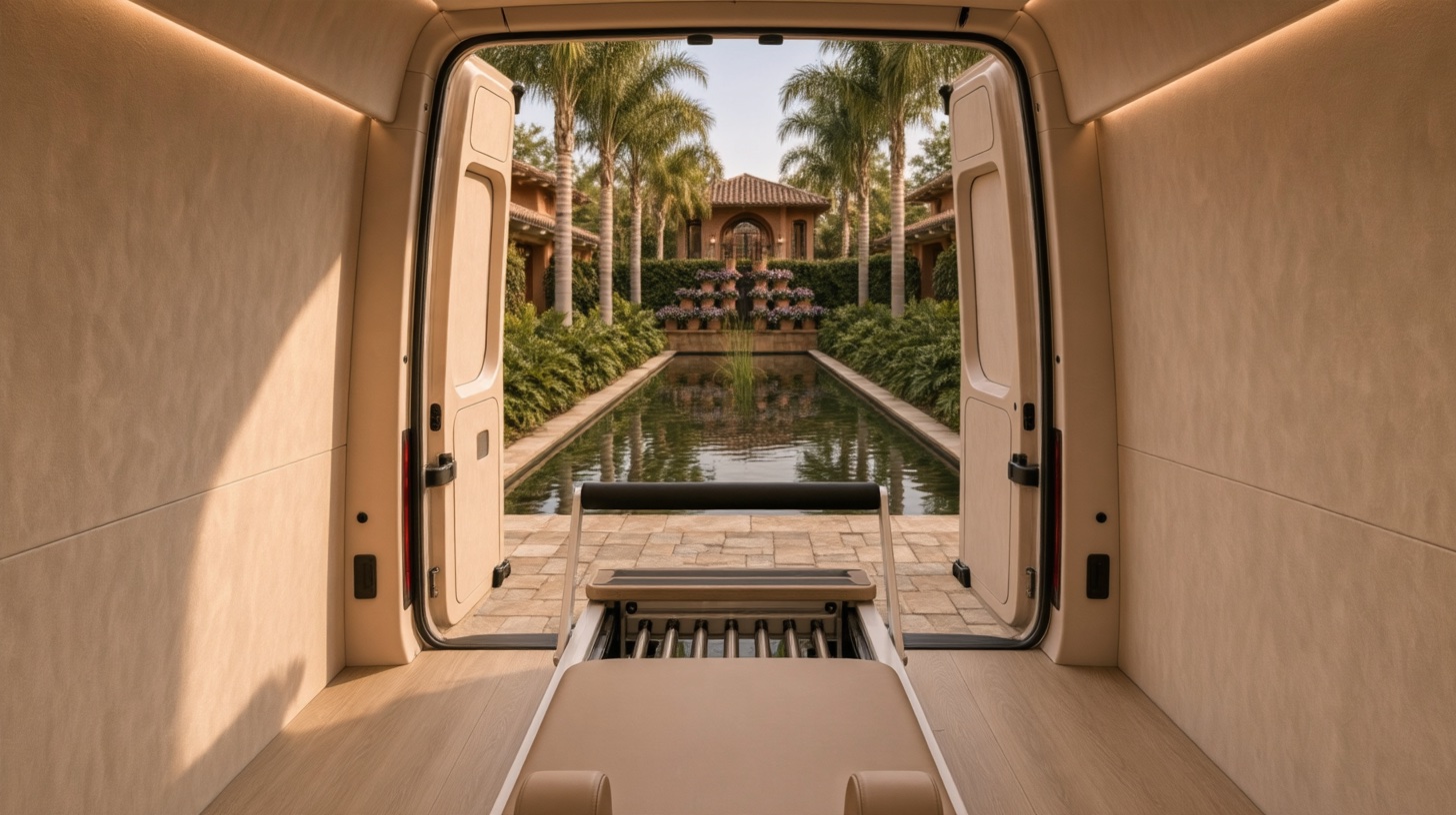 Inside the studio, looking out over a paved courtyard and reflecting pool